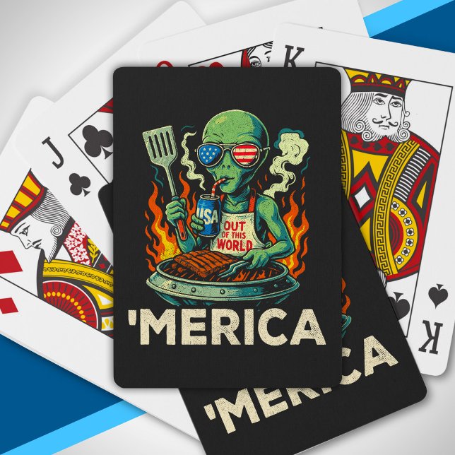 Funny ’Merica Alien BBQ Grilling Patriotic Retro Playing Cards (Creator Uploaded)