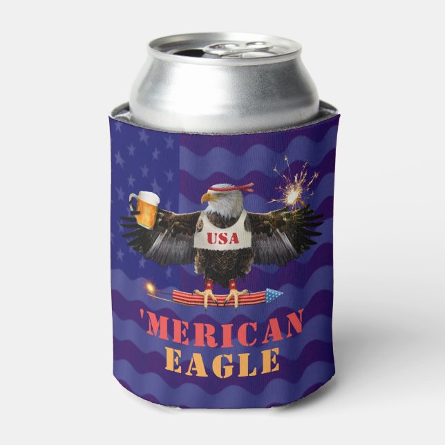 Funny Merican Eagle 4th of July Beer and Fireworks Can Cooler (Can Front)