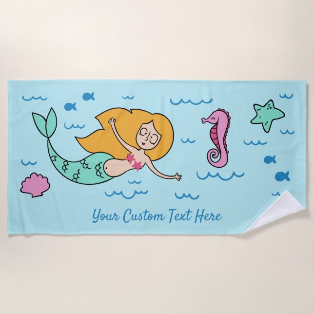 Funny Mermaid custom text beach towel (Front)