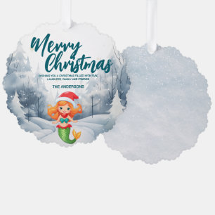 Funny Mermaid Merry Xmas tree snow Holiday party Ornament Card