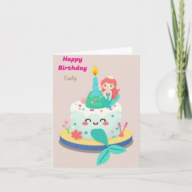 FUNNY MERMAID THEMED KIDS BIRTHDAY CAKE CARD (Front)