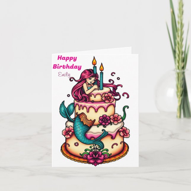 FUNNY MERMAID THEMED KIDS BIRTHDAY CAKE CARD (Front)
