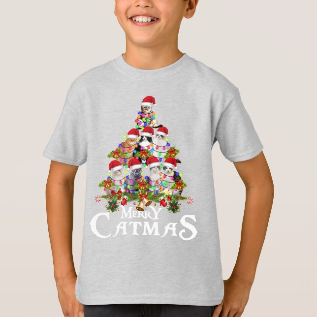 Funny Merry Catmas tree lights Christmas Gift Cat T-Shirt (Front)