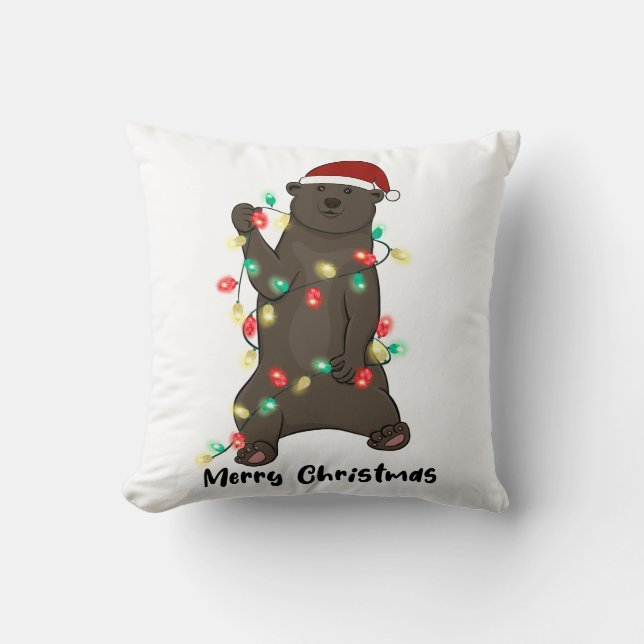 Funny Merry Christmas Bear Throw Pillow (Front)