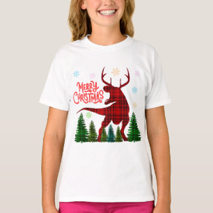 funny merry christmas dinosaur deer check plaid T-Shirt