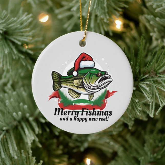 Funny Merry Christmas Fishmas Fishing Santa Fish Ceramic Ornament (Tree)