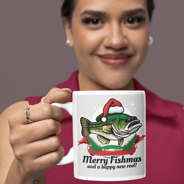 Funny Merry Christmas Fishmas Fishing Santa Fish Coffee Mug (Merry Fishmas! Christmas fishing pun mug.)