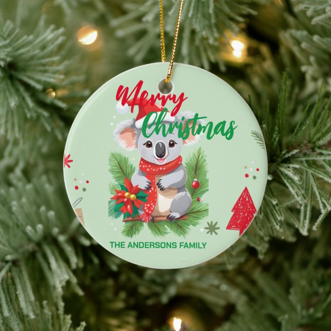 Funny merry christmas Koala Santa red and green Sc Ceramic Ornament (Tree)
