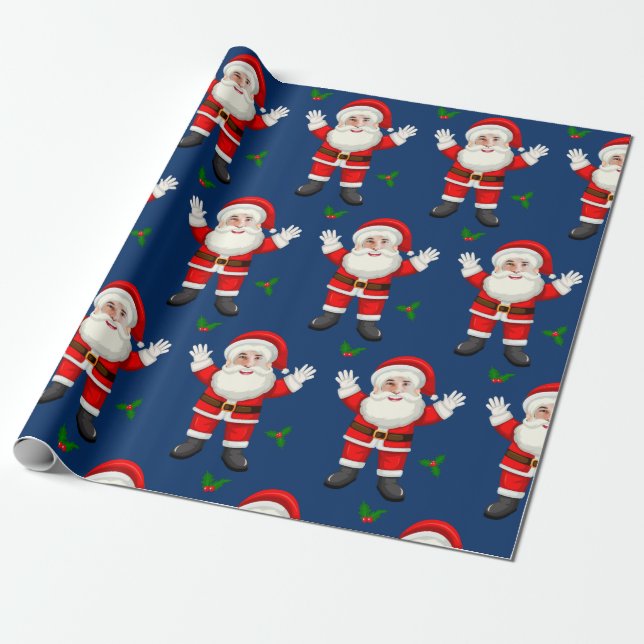Funny Merry Christmas Leaf Custom Santa Face Blue Wrapping Paper (Unrolled)