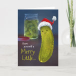 Funny Merry Christmas Little Santa Pickle Holiday Card<br><div class="desc">Create your own funny pickle Christmas cards that can be personalized with a custom holiday greeting. The fun artwork by Raphaela Wilson depicts a cute dill pickle wearing a santa hat with a jar full of pickles in the background. The outside of these funny dill pickle holiday cards conveys the...</div>