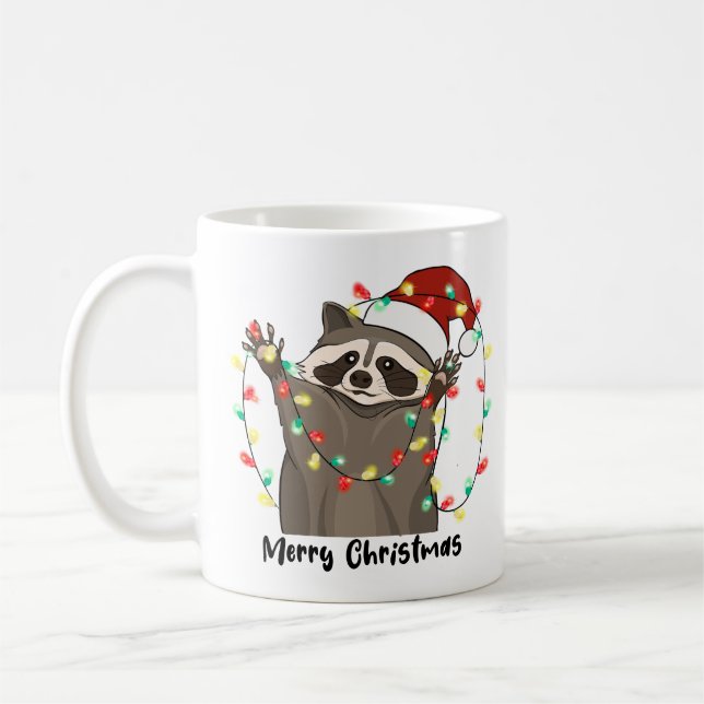 Funny Merry Christmas Raccoon Coffee Mug (Left)