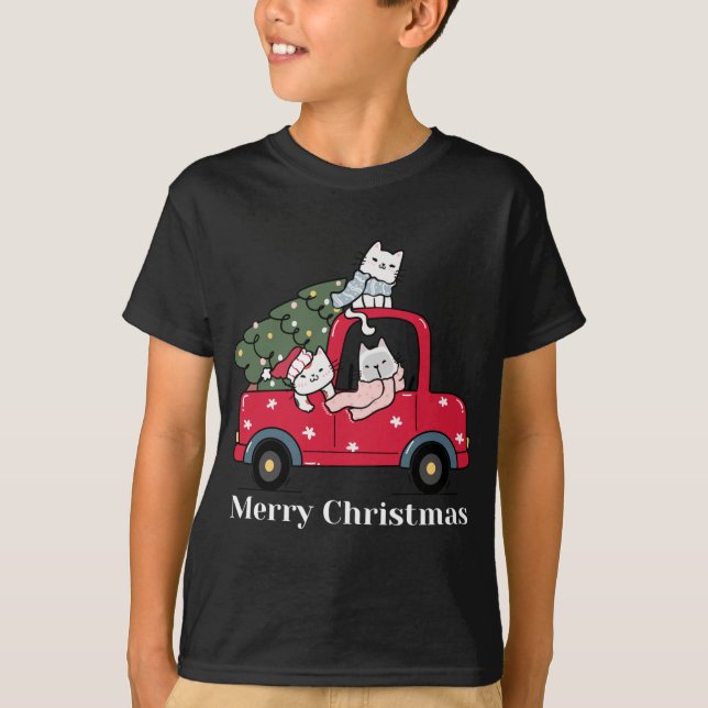 Funny Merry Christmas Red Truck Cat T-Shirt (Front)