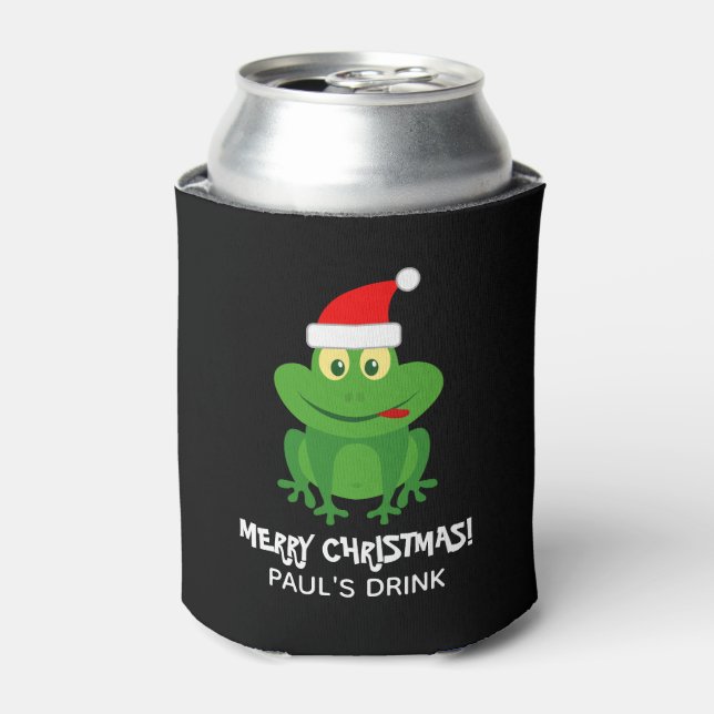 Funny Merry Christmas Santa Claus frog cartoon Can Cooler (Can Front)