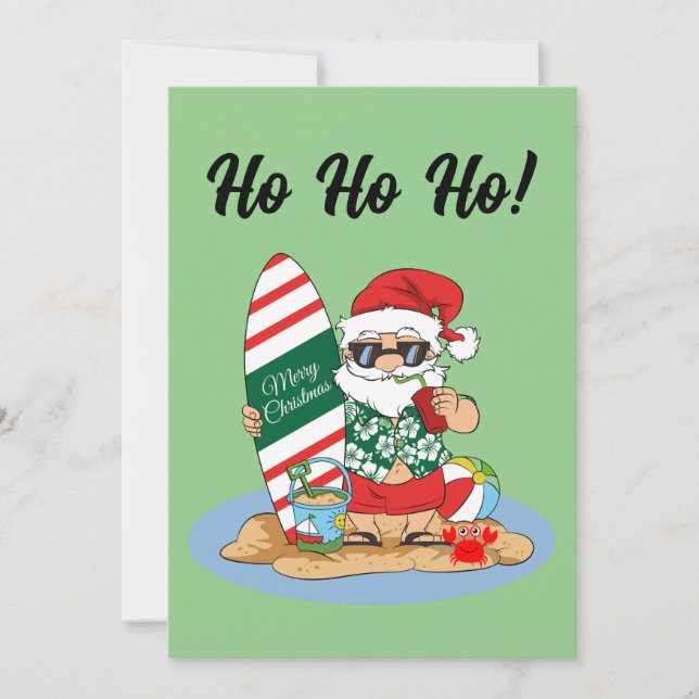 Funny Merry Christmas Santa on Summer Surf Beach Holiday Card (Front)