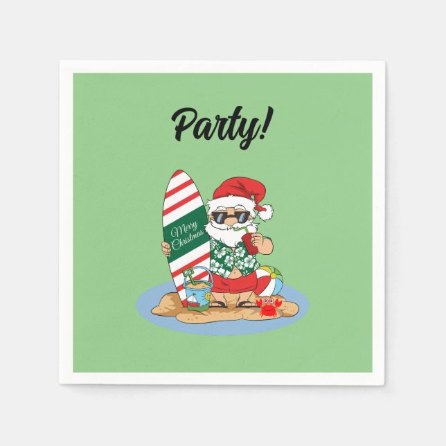 Funny Merry Christmas Santa on Summer Surf Beach Napkin (Front)