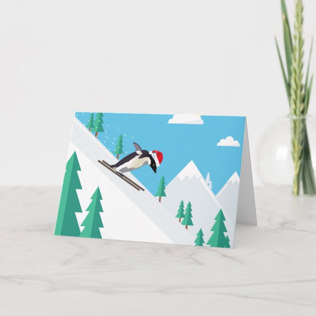Funny Merry Christmas Skiing Penguin In Santa Hat Card (Front)