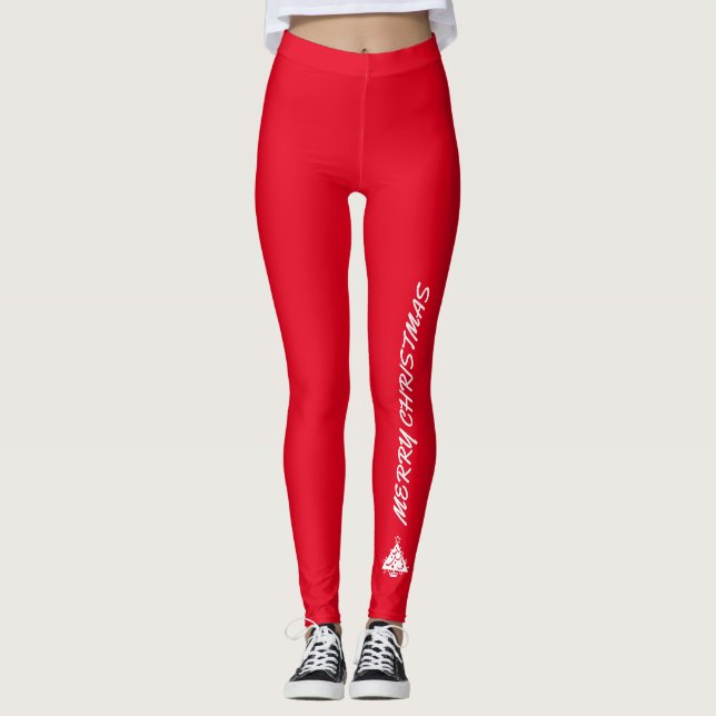 Funny Merry Christmas Tree Red White Typography Leggings (Front)