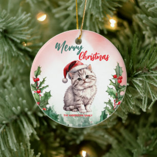 Funny Merry Christmas Wreath Cute Cat kitten Ceramic Ornament