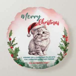 Funny Merry Christmas Wreath Cute Cat kitten Round Pillow