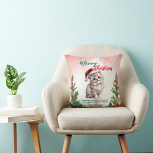 Funny Merry Christmas Wreath Cute Cat kitten Throw Pillow
