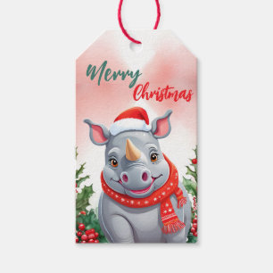 Funny Merry Christmas Wreath Cute Rhino santa Gift Tags