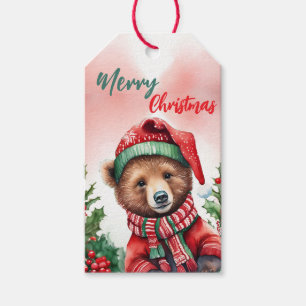 Funny Merry Christmas Wreath Cute teddy Bear santa Gift Tags