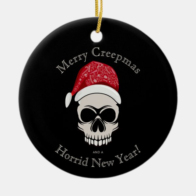 Funny Merry Creepmas Skull Santa Names Ceramic Ornament (Front)