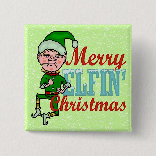 Funny Merry Elfin Christmas Bah Humbug 2 Inch Square Button (Front)