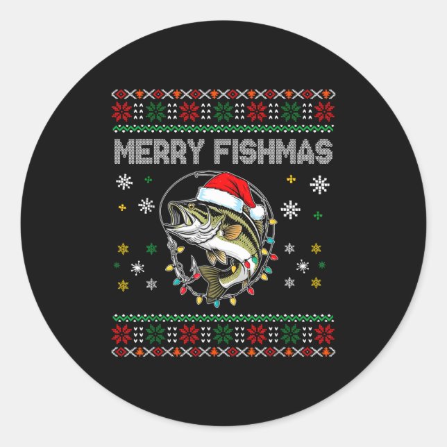 Funny Merry Fishmas B Fishing Christmas Ugly Sweat Classic Round Sticker (Front)