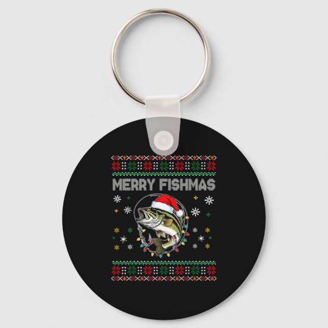 Funny Merry Fishmas B Fishing Christmas Ugly Sweat Keychain (Front)
