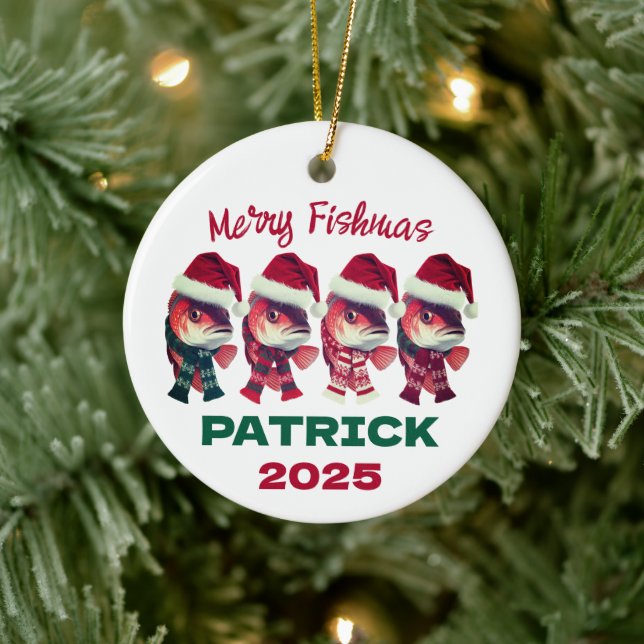 Funny Merry Fishmas Christmas Fishing  Ceramic Ornament (Tree)