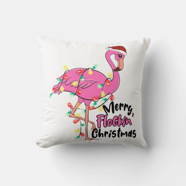Funny Merry Flockin Christmas Flamingo Throw Pillow (Front)