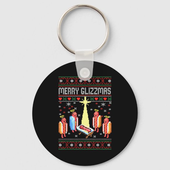 Funny Merry Glizzmas Hot Dogs Family Gro Ugly Chri Keychain (Front)