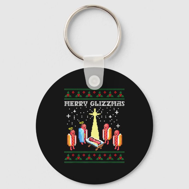 Funny Merry Glizzmas Hot Dogs Family Group Ugly Ch Keychain (Front)