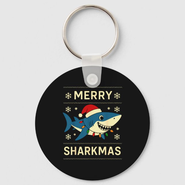 Funny Merry Sharkmas Christmas Shark Humor  Keychain (Front)