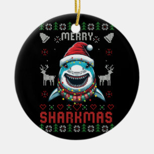 Funny Merry Sharkmas Ugly Christmas Shark Wearing  Ceramic Ornament