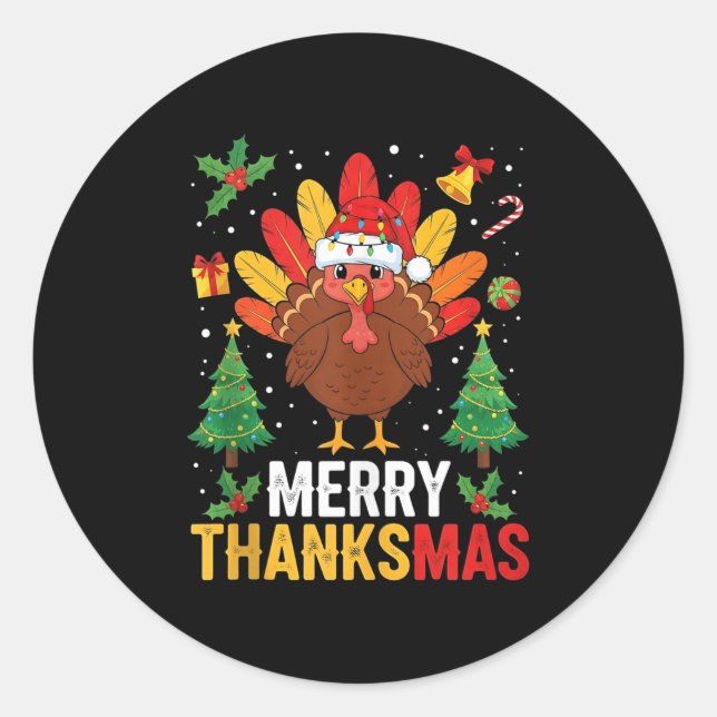 Funny Merry Thanksmas Happy Thanksgiving Santa Tur Classic Round Sticker (Front)