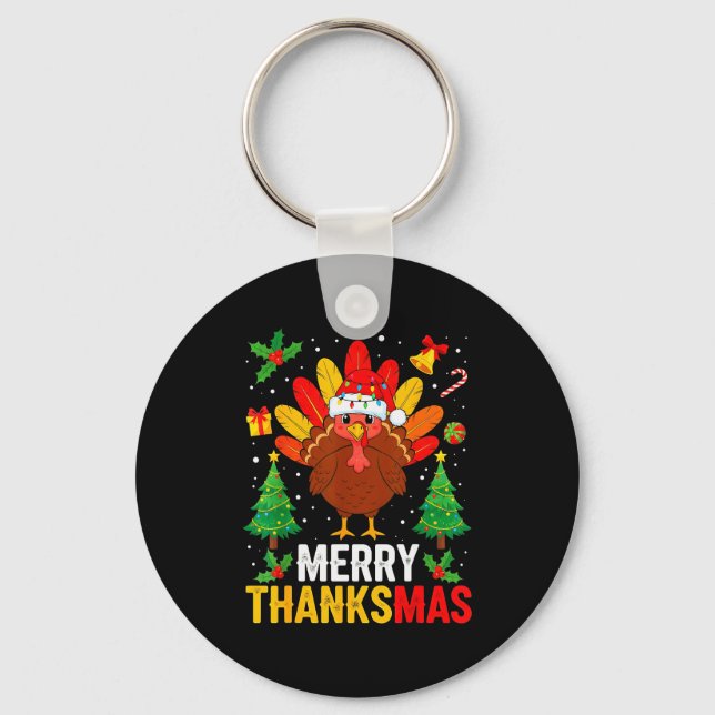 Funny Merry Thanksmas Happy Thanksgiving Santa Tur Keychain (Front)