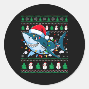 Funny Merry Ugly Christmas Shark Santa Hat Lights  Classic Round Sticker