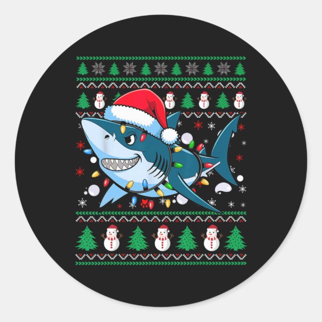 Funny Merry Ugly Christmas Shark Santa Hat Lights  Classic Round Sticker (Front)