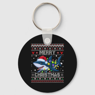 Funny Merry Ugly Christmas Shark Santa Hat Lights Keychain