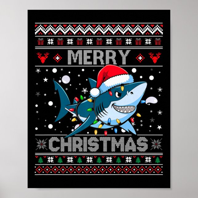 Funny Merry Ugly Christmas Shark Santa Hat Lights  Poster (Front)