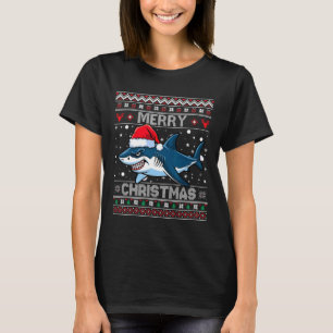 Funny Merry Ugly Christmas Shark Santa Hat Lights  T-Shirt