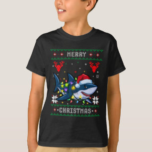 Funny Merry Ugly Christmas Shark Santa Hat Lights  T-Shirt