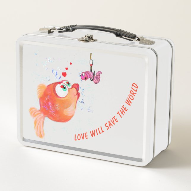 Funny Metal Lunch Box wit Fish and Worm - Cartoon (Front)