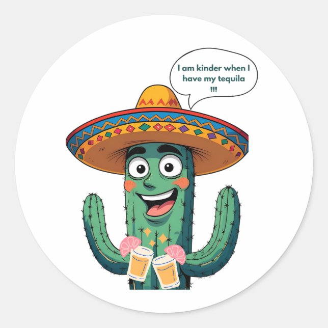Funny Mexican Cactus with Tequila – Fiesta Sombrer Classic Round Sticker (Front)