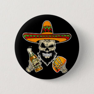 Funny Mexican Sugar Skull With Tacos And Beer 2 Inch Round Button