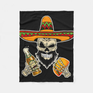 Funny Mexican Sugar Skull With Tacos And Beer  Fleece Blanket