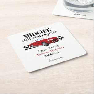 Funny Midlife Vintage Red Car 50th Birthday  Square Paper Coaster