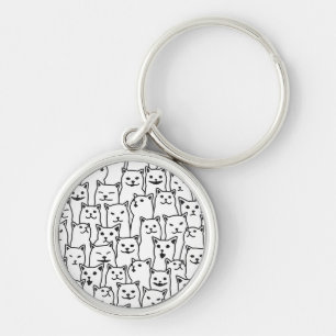 Funny Minimalist Black White Cat Line Art Pattern Keychain